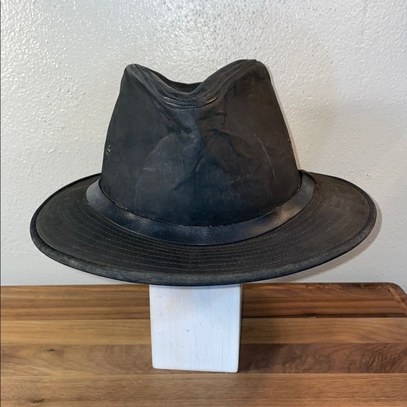 Henschel VTG Black Leather Fedora Hat Indiana Jones Outback Unisex Large USA - Picture 1 of 13